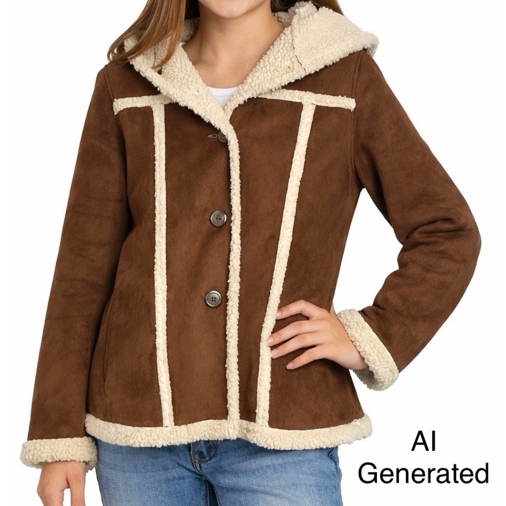 Route 66 Faux Suede Sherpa‎ Jacket Girls 14/16 Brown Hooded Boho Western Retro